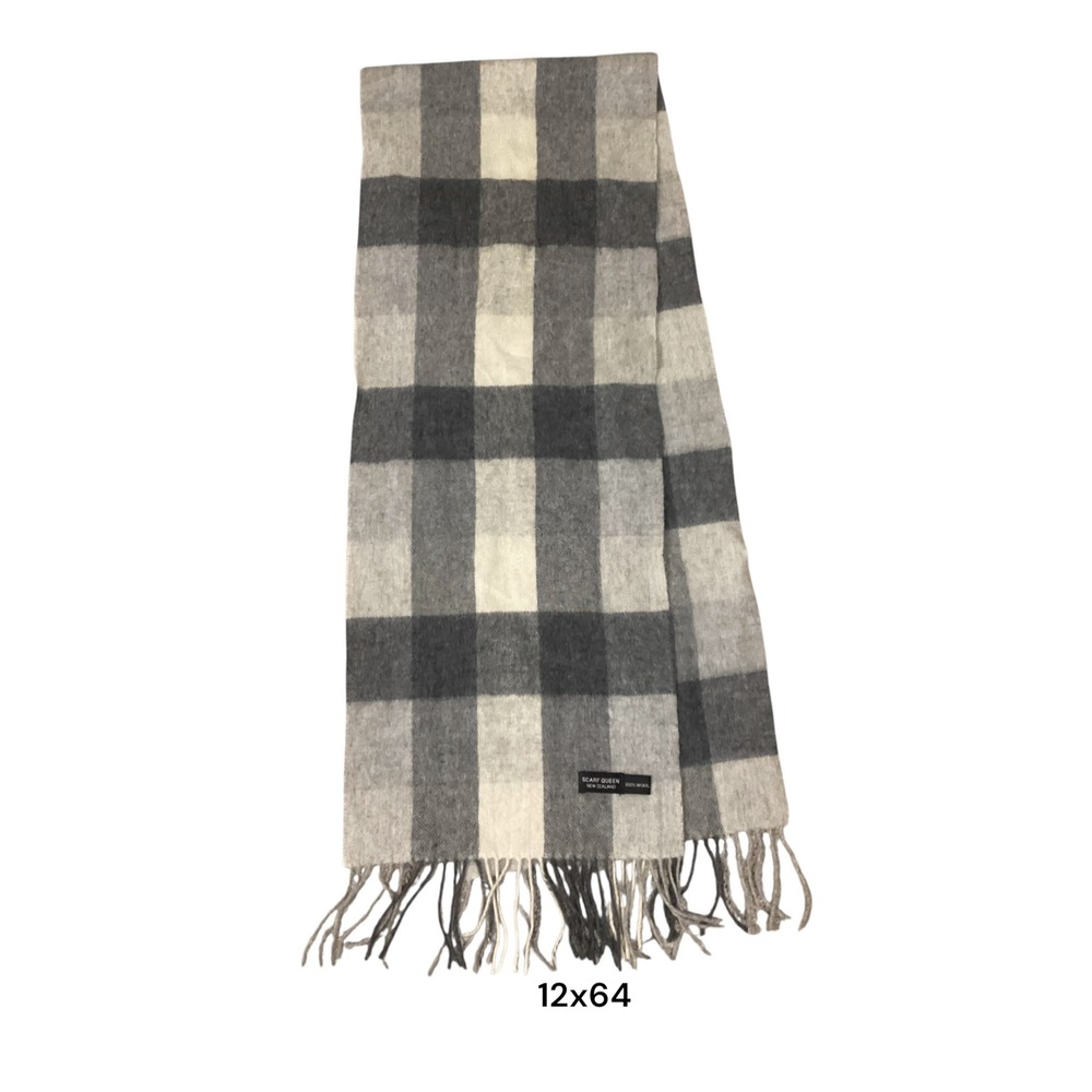 Scarf Queen New Zealand 100% Wool Grey Plaid Fringe Scarf 12x64